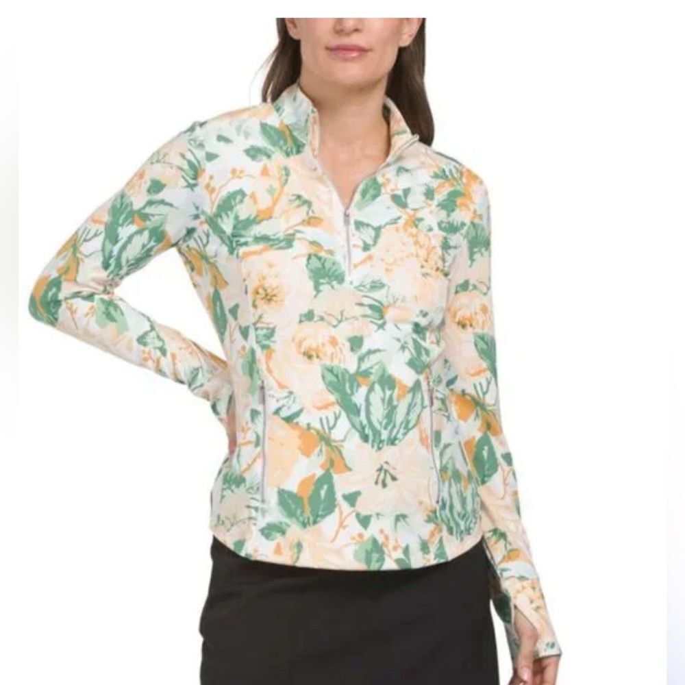 NWT Laura Ashley green, gold, white floral pullover athletic jacket. Sz L
